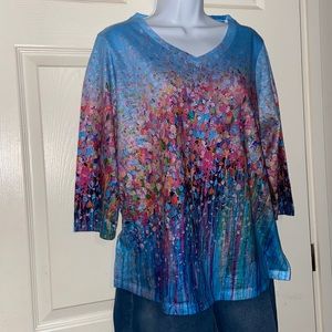 Bellina V-Neck Floral Top 3/4 Sleeves Size Large
